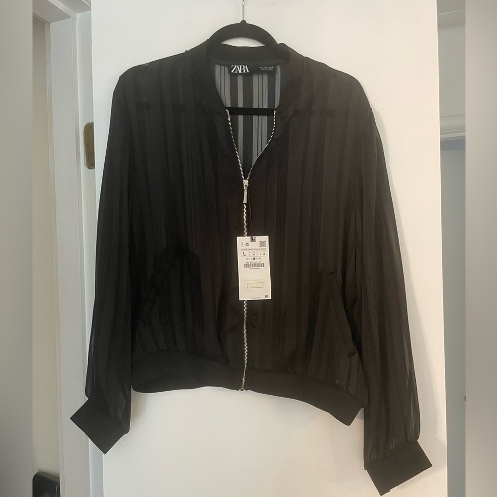 Zara Sheer Striped Black Bomber Size Large NWT